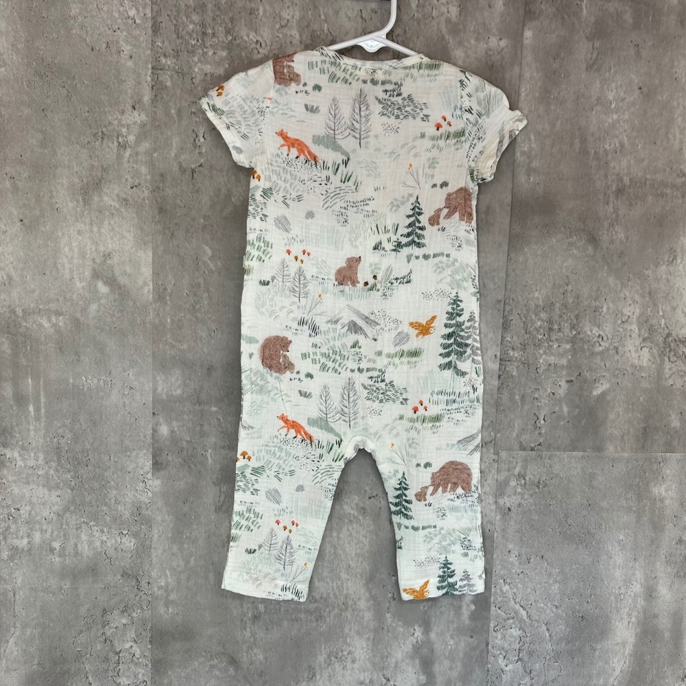Elegant Baby Organics Woodland Muslin Romper 6-9M White Forest Print Bear Fox - Picture 2 of 7